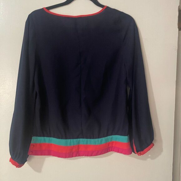 Miami Navy Blue Long‎ Sleeve Blouse Top Keyhole Neckline Colorblock Retro Sz S - Picture 2 of 8